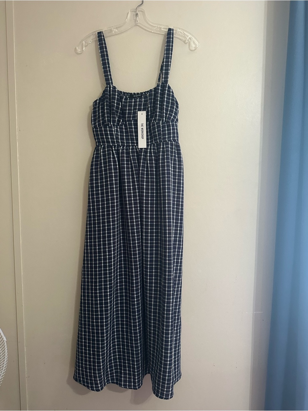 Women’s Navy Blue Checked Maxi Dress with Straps